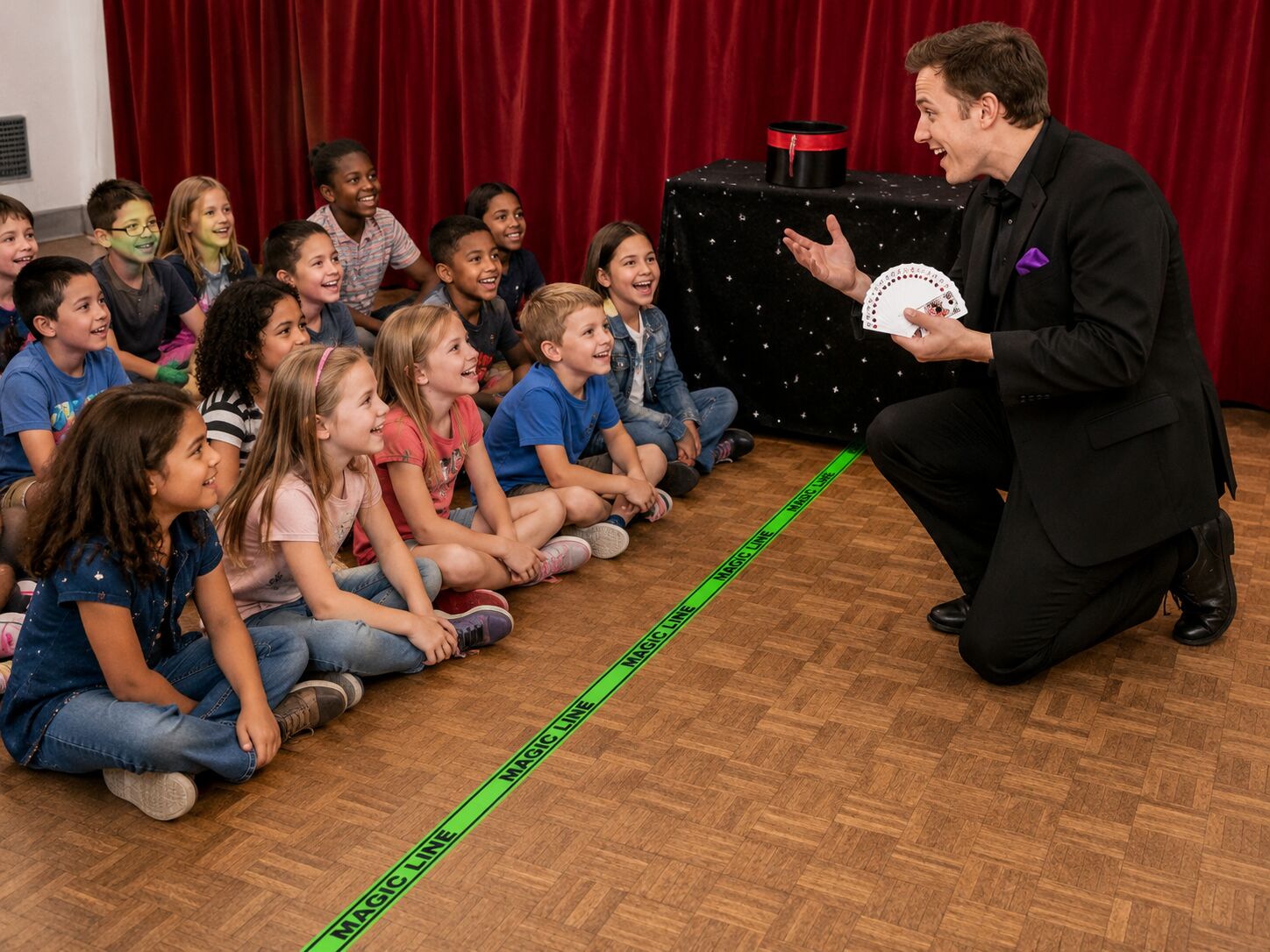 A children's magician performing to a seated group of smiling children, with a bright green Magic Line tape marking the boundary on the floor between them.