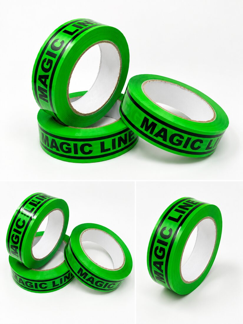 Four rolls of Magic Line tape stacked and standing, fluorescent green with bold black MAGIC LINE print on a white background.